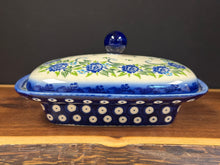Load image into Gallery viewer, Butter Dish, Euro Wide - Galia Blue Chrysanthemum w/Peacock Dots Bottom
