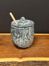 Load image into Gallery viewer, Honey Jar w/Lid and Honey Stir Stick - 14 oz. Wet Ash by Matthew’s Pottery
