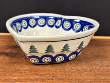 Load image into Gallery viewer, Bowl, Pre-Owned Heart Shaped 6&quot; - Evergreen Trees &amp; Peacock Dots
