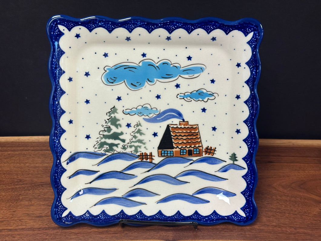 Platter, Square 9.3” W/Scalloped Rim - Winter Cabin