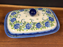 Load image into Gallery viewer, Butter Dish, Euro Wide - Galia Blue Chrysanthemum w/Peacock Dots Bottom
