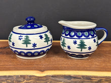 Load image into Gallery viewer, Sugar &amp; Creamer Set, Pre-owned  - Evergreen Trees &amp; Snowflakes
