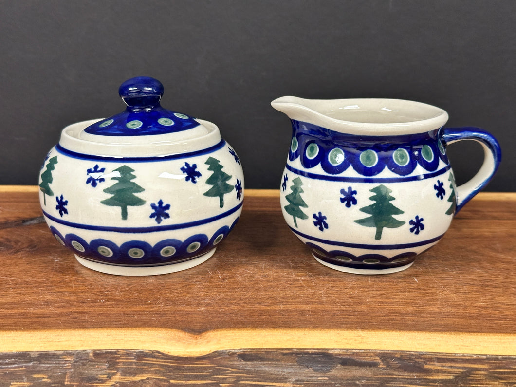 Sugar & Creamer Set, Pre-owned  - Evergreen Trees & Snowflakes