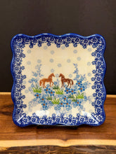 Load image into Gallery viewer, Plate, Square with Ruffled Edge - Blue Meadow Horses
