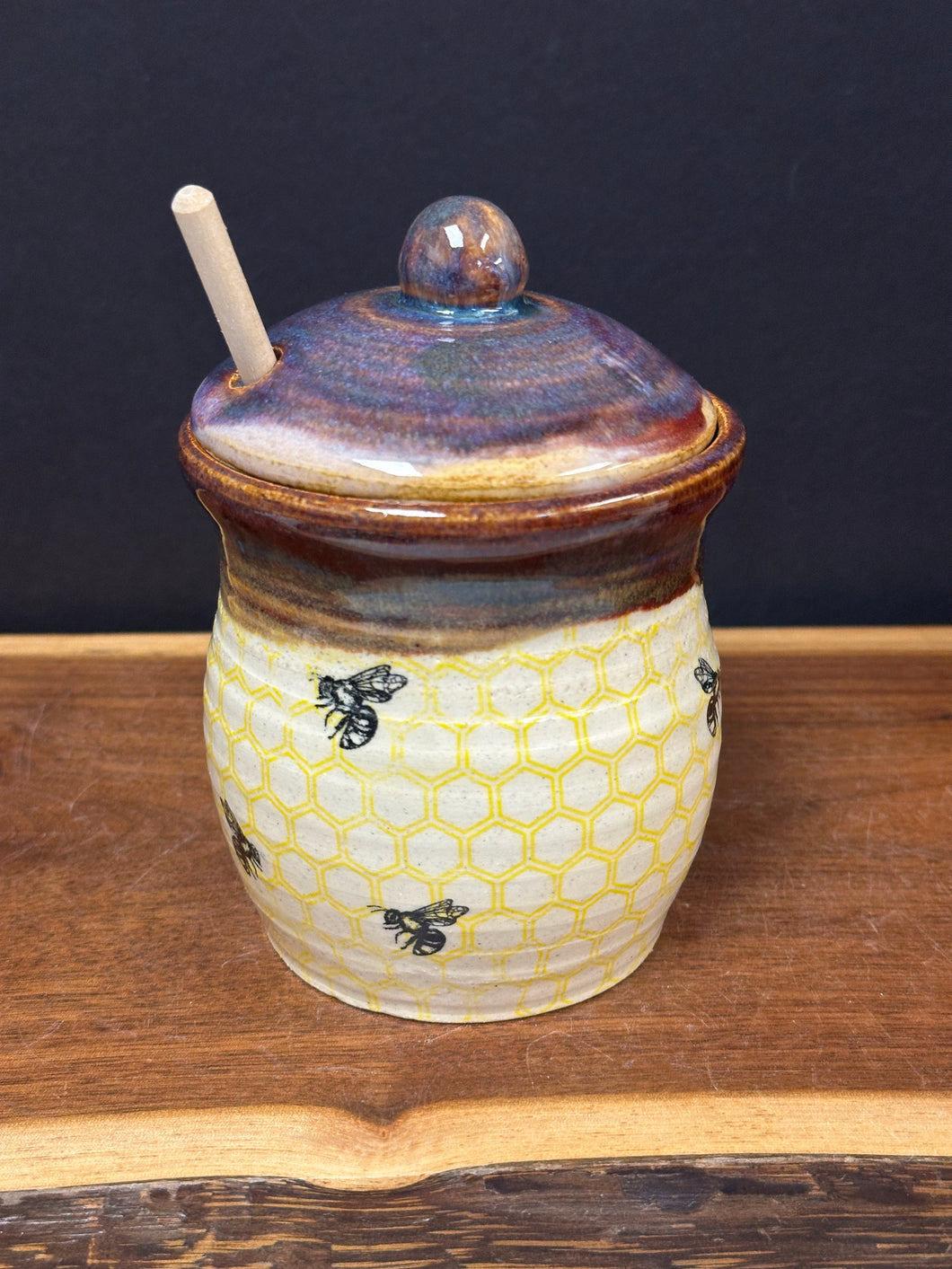 Honey Jar w/Lid and Honey Stir Stick - 18 oz. Hive Five by Matthew’s Pottery