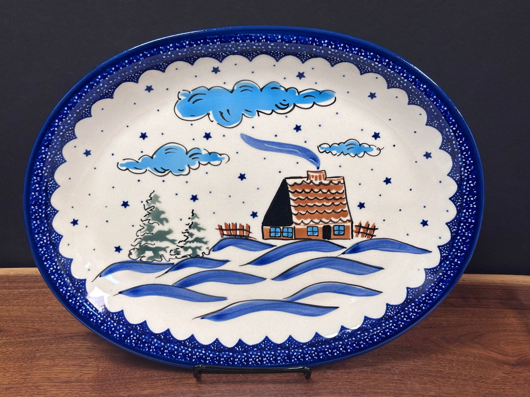 Platter, Oval - Winter Cabin