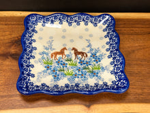 Load image into Gallery viewer, Plate, Square with Ruffled Edge - Blue Meadow Horses
