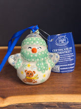 Load image into Gallery viewer, Ornament, Snowman with Scarf - Mint w/Teddy - Crack on Bottom -See Photo
