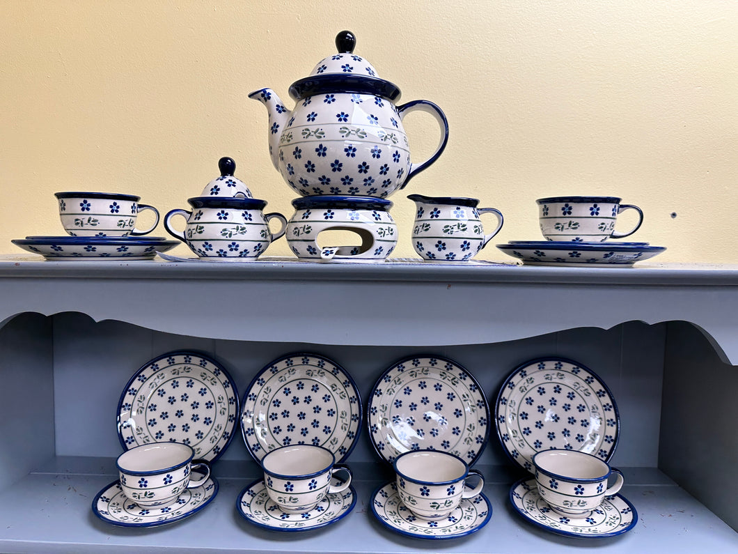 Tea Set for 6, Traditional White w/Cobalt Flowers & Vines