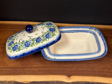 Load image into Gallery viewer, Butter Dish, Euro Wide - Galia Blue Chrysanthemum w/Peacock Dots Bottom
