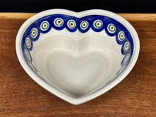 Load image into Gallery viewer, Bowl, Pre-Owned Heart Shaped 6&quot; - Evergreen Trees &amp; Peacock Dots
