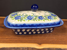 Load image into Gallery viewer, Butter Dish, Euro Wide - Galia Blue Chrysanthemum w/Peacock Dots Bottom
