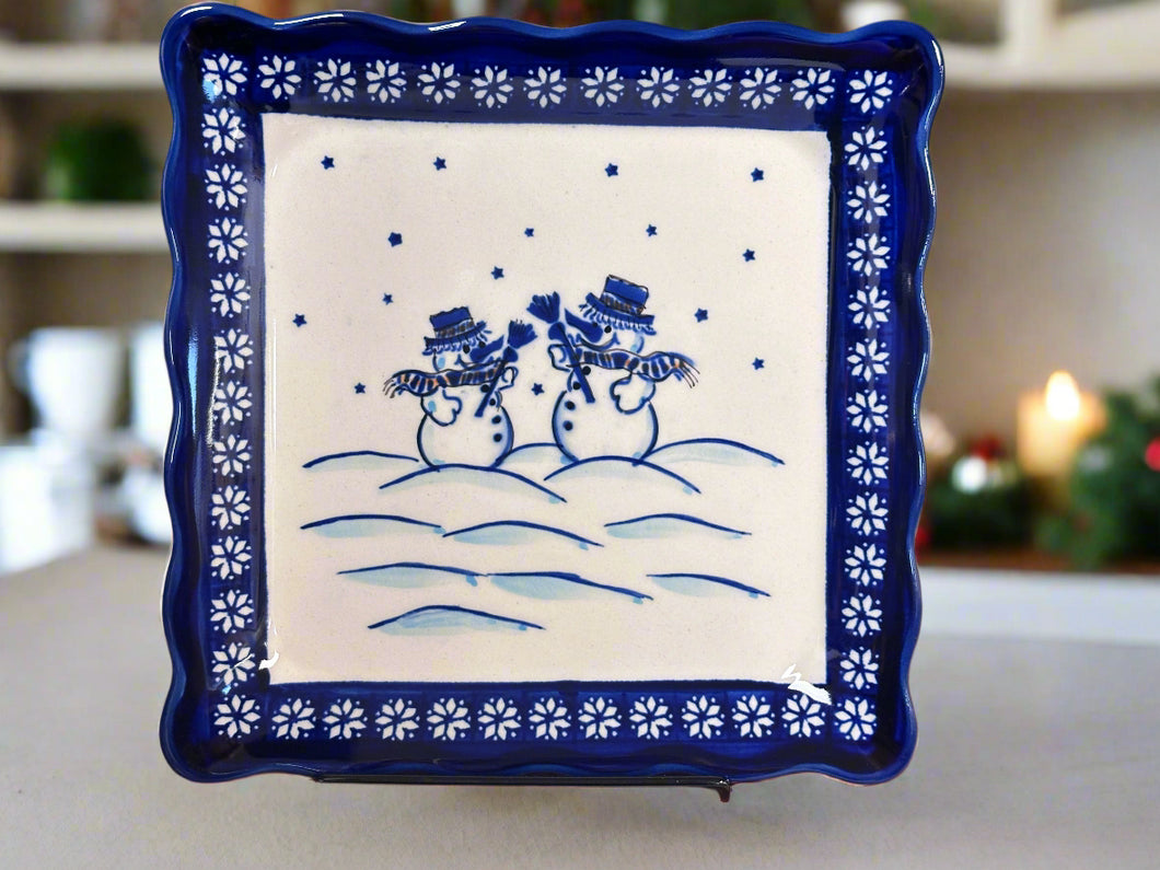 Platter, Square W/Scalloped Rim - Snowman