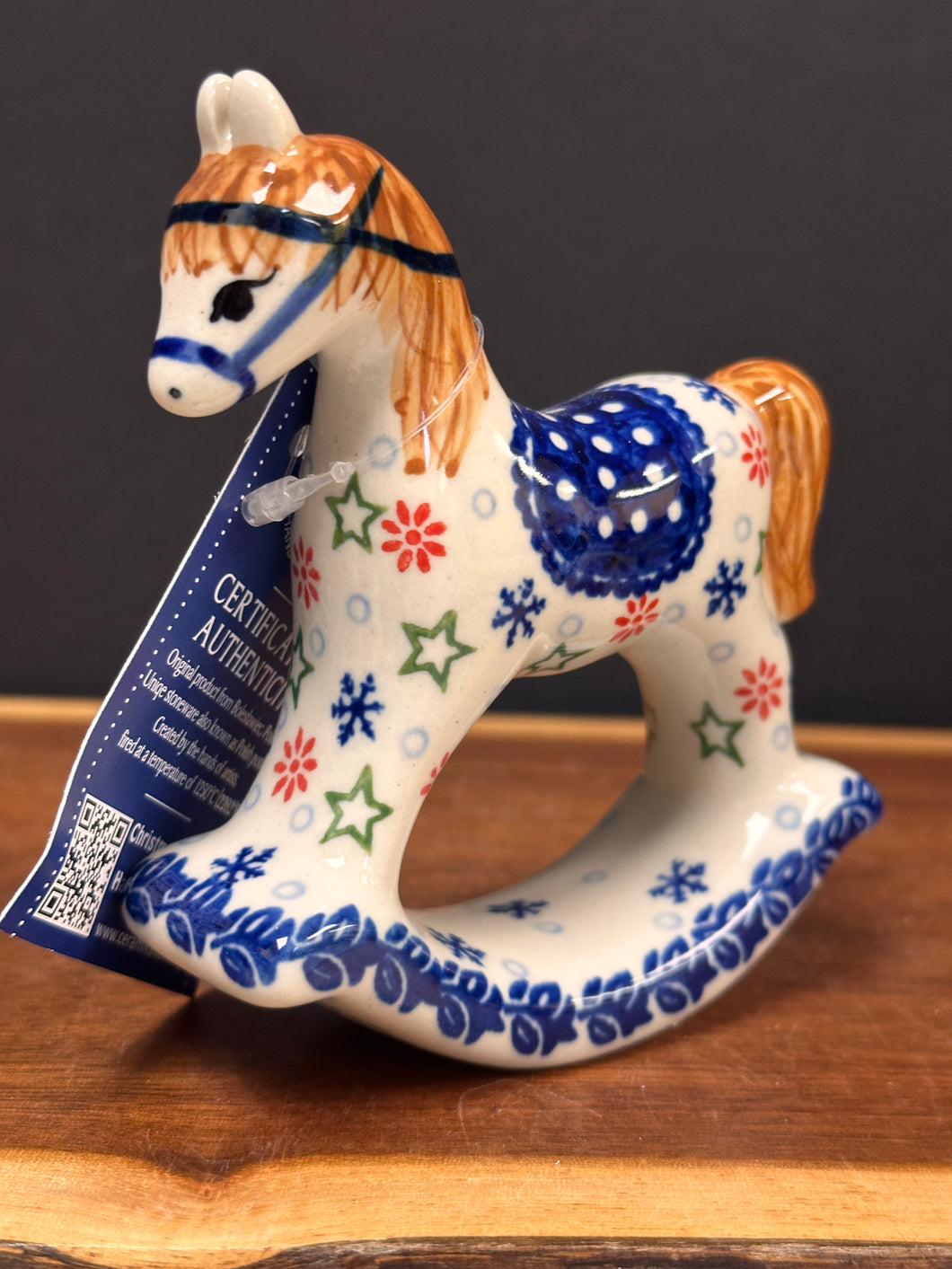 Rocking Horse Figurine - Brown Mane, Blue Saddle