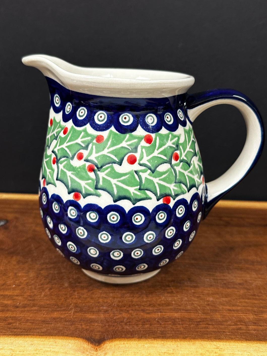 Pitcher, Pre-Owned 28 oz. - Holly Leaves & Peacock Dots
