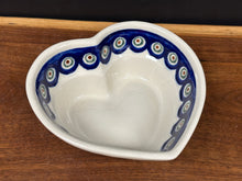 Load image into Gallery viewer, Bowl, Pre-Owned Heart Shaped 6&quot; - Peacock Dots &amp; Evergreen Trees
