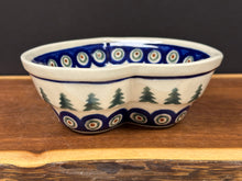 Load image into Gallery viewer, Bowl, Pre-Owned Heart Shaped 6&quot; - Peacock Dots &amp; Evergreen Trees
