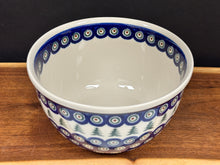 Load image into Gallery viewer, Bowl, Pre-owned 8&quot; x 4.5&quot; Deep Dough Bowl - Evergreen Trees &amp; Peacock Dots
